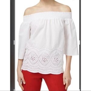 MAISON JULES White Lace Eyelet Bare Shoulder Top